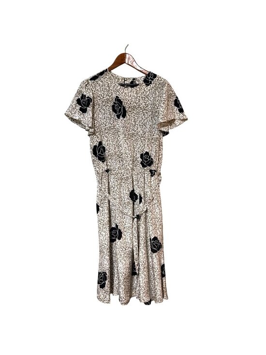 Ifi Dresses & Skirts - Floral Midi Dress With Short Sleeves & Tie Waist Beige & Black Vintage Style